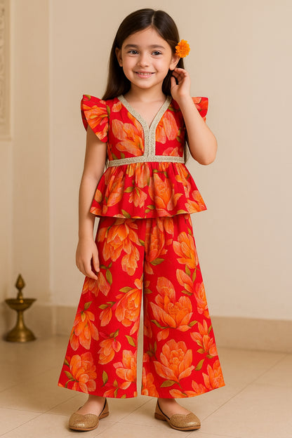 Girls Red Printed V-Neck Viscose Ethnic Kurta Set