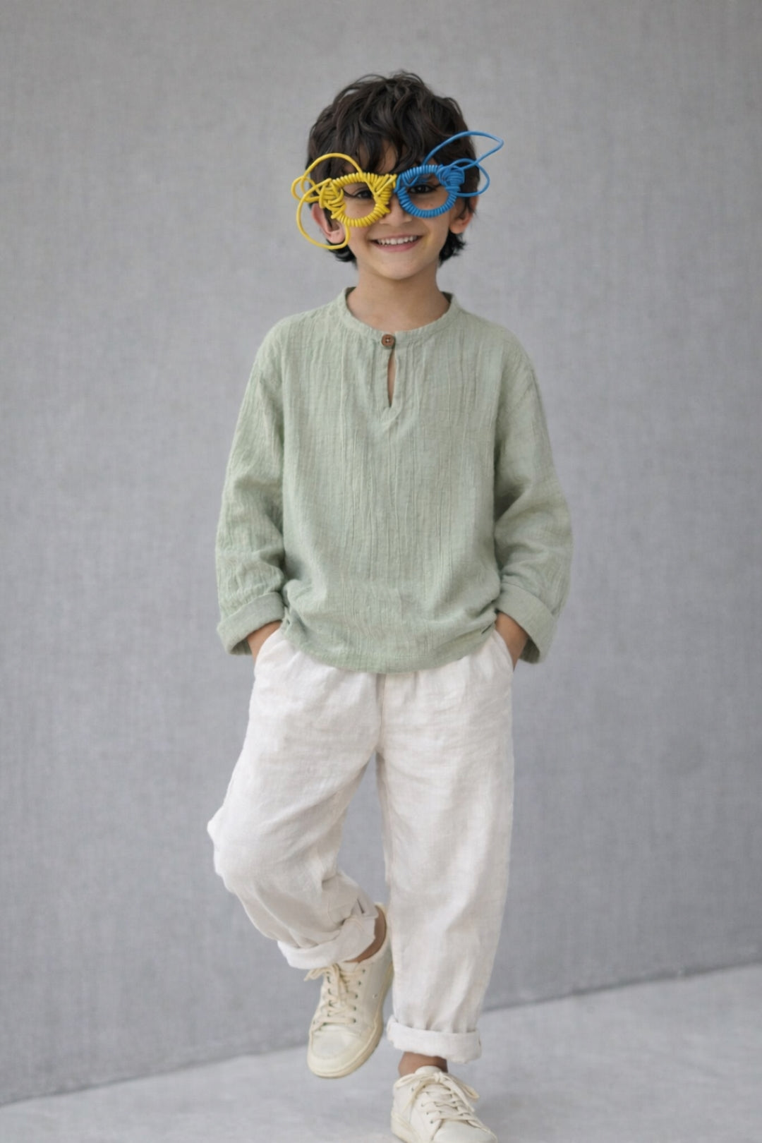Boys Green Cotton Solid Kurta Shirt