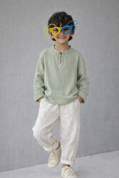 Boys Green Cotton Solid Kurta Shirt