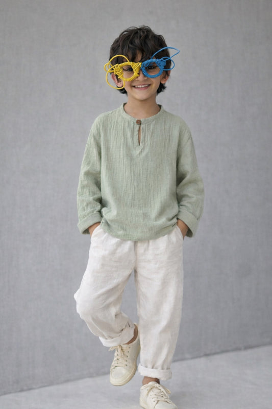 Boys Green Cotton Solid Kurta Shirt