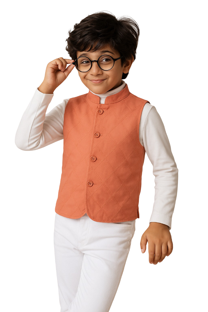 Boys Peach Cotton Solid Waist Coat