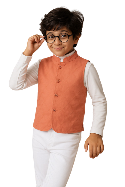 Boys Peach Cotton Solid Waist Coat