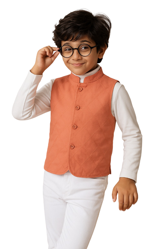 Boys Peach Cotton Solid Waist Coat