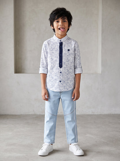 Boys Cotton Printed  White Shirt With Light Blue Denim Washed Straight Fit Jeans