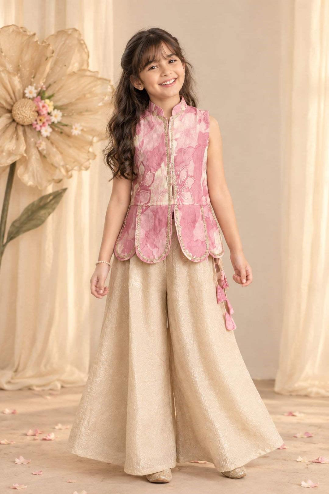 Girls Pink Printed Viscose Poly Top & Pants Set