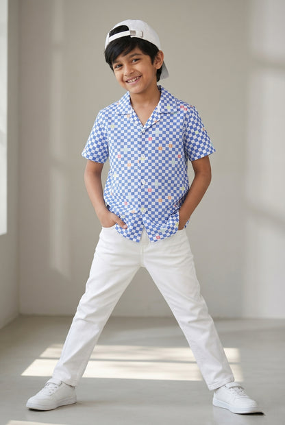 Boys Blue Shirt and White Jeans Clothing Set