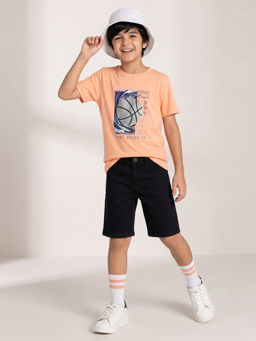 Boys Cotton Peach T-Shirt With Black Denim Solid Regular Fit Short