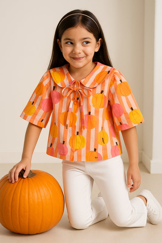 Girls Orange Printed Collar Neck Top with Tie-Up