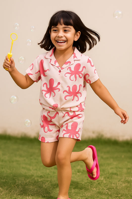 Girls Viscose Pink Printed Shirt & Shorts  Co-ord Set
