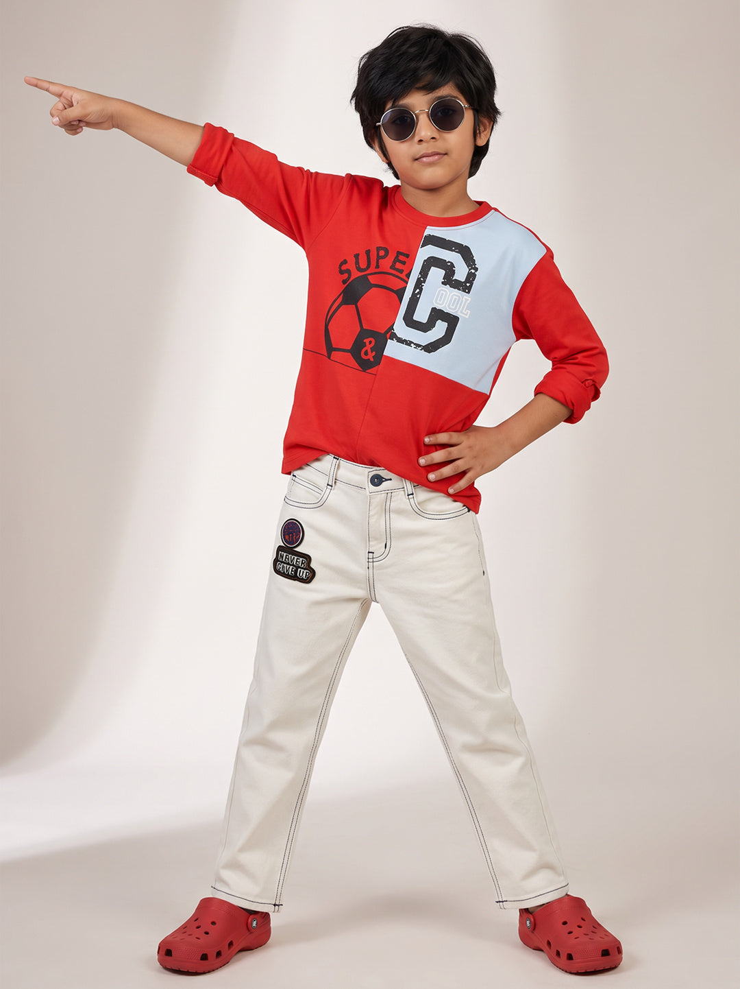 Boys Cotton Printed Red T-Shirt With Off White Denim Slim Fit Jeans