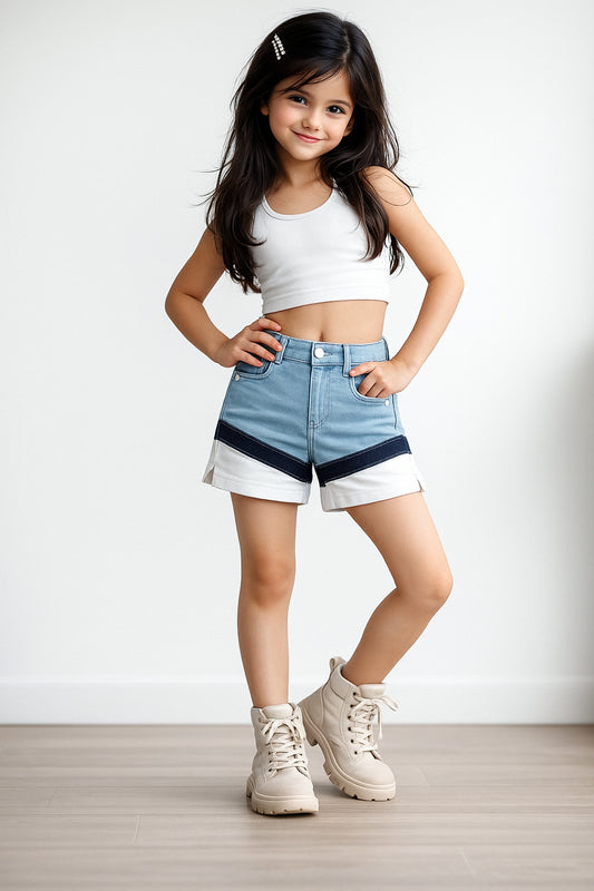 Girls Light Blue Lycra Regular Fit Solid Shorts