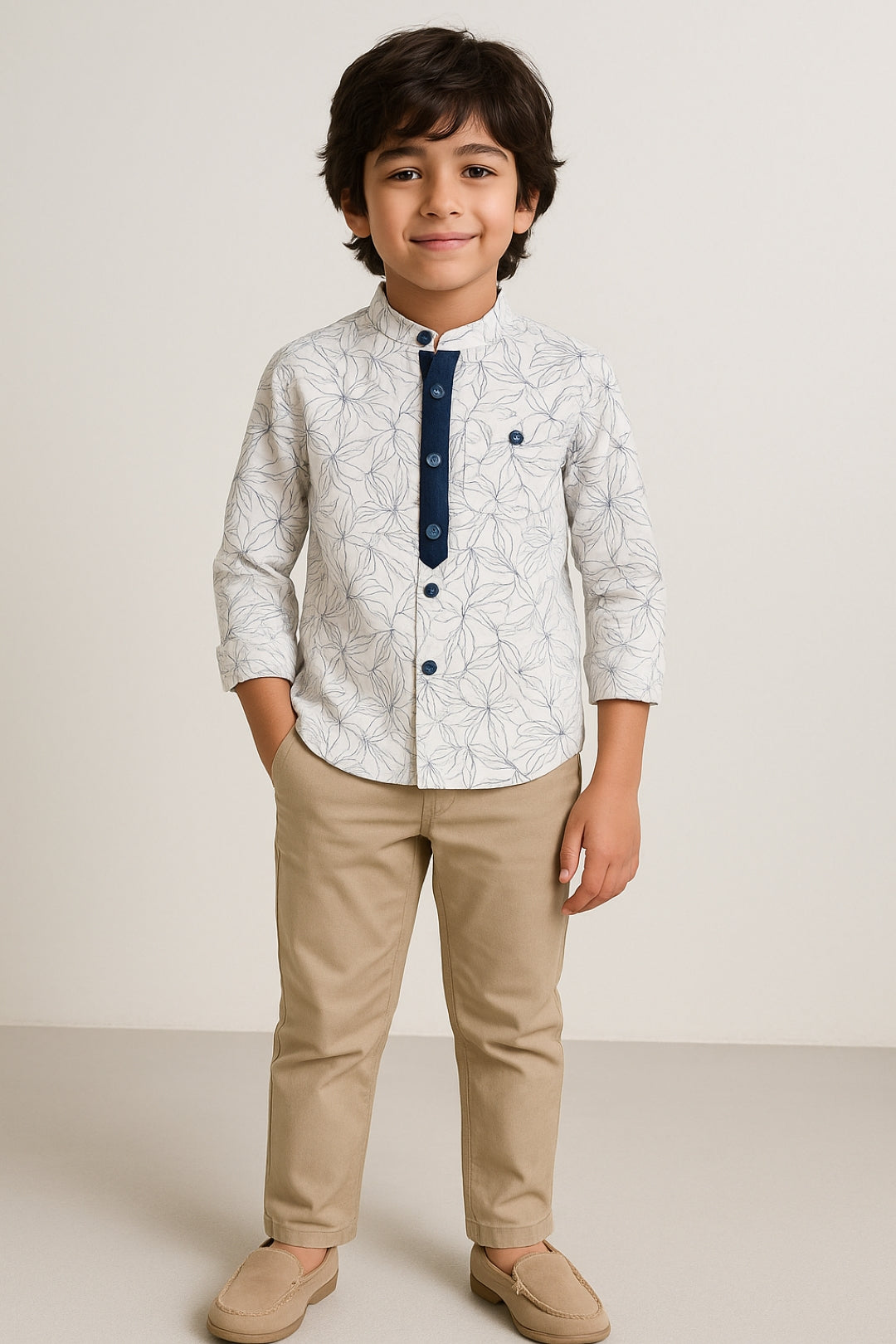 Boys White Cotton Print Shirt