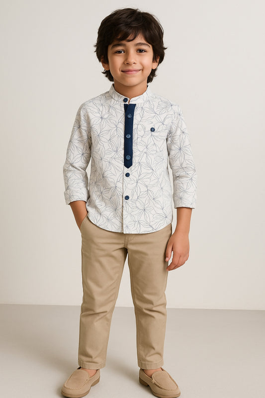 Boys White Cotton Print Shirt