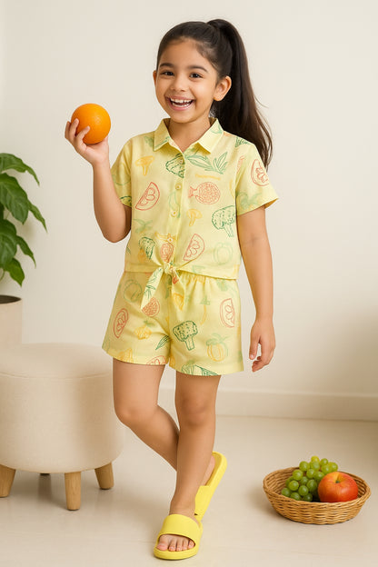 Girls Cotton Printed Top & Short Casual Yellow Co-ord Set