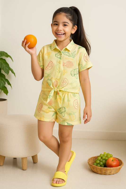 Girls Cotton Printed Top & Short Casual Yellow Co-ord Set