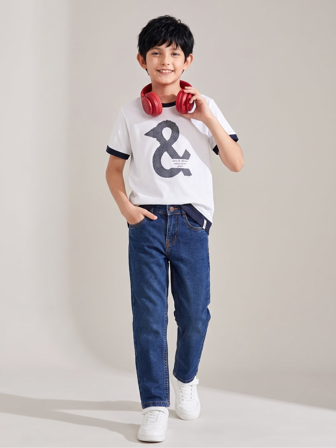 Boys Cotton White T-Shirt With Blue Denim Washed Slim Fit Jeans