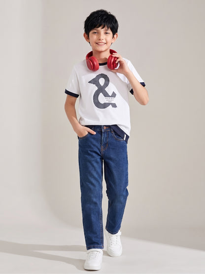 Boys Cotton White T-Shirt With Blue Denim Washed Slim Fit Jeans