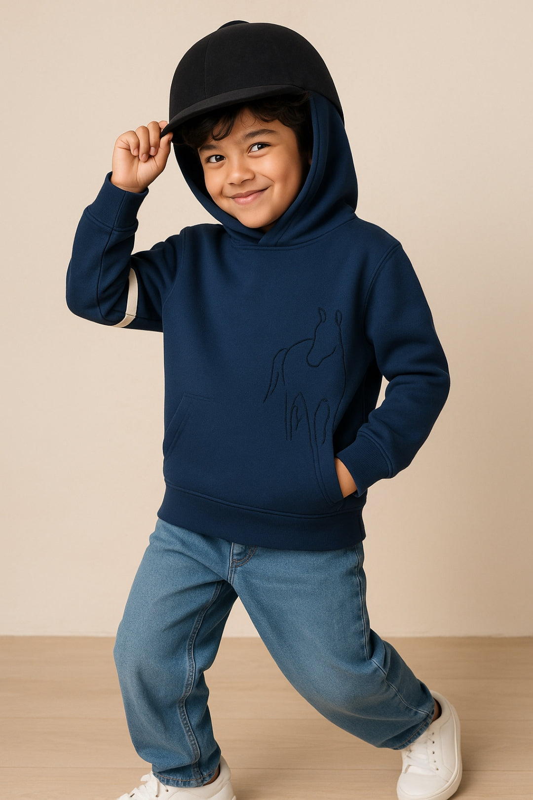 Boys Navy Blue Cotton Printed Oversized Fit Hoodie Sweatshirt