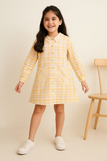 Girls Yellow Cotton Checkered Dress