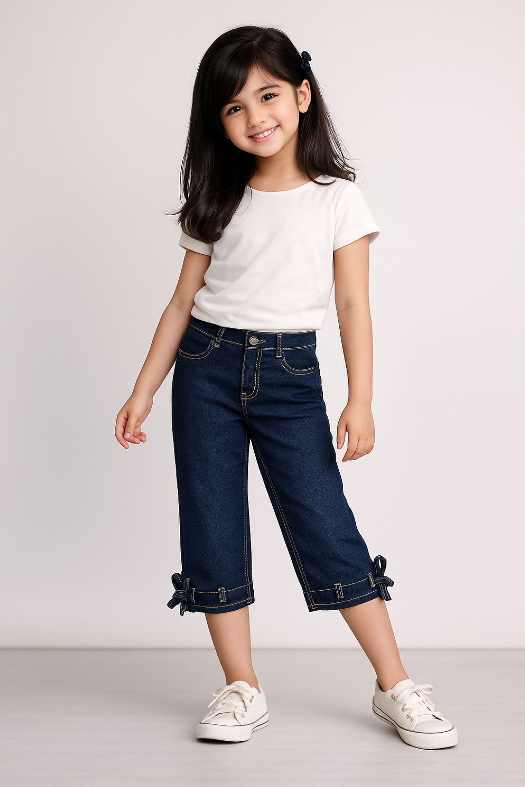Girls Dar Blue Cotton Poly Solid Capri