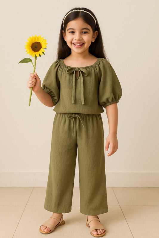 Girls Olive Green Solid Top & Palazzo Co-Ord Set