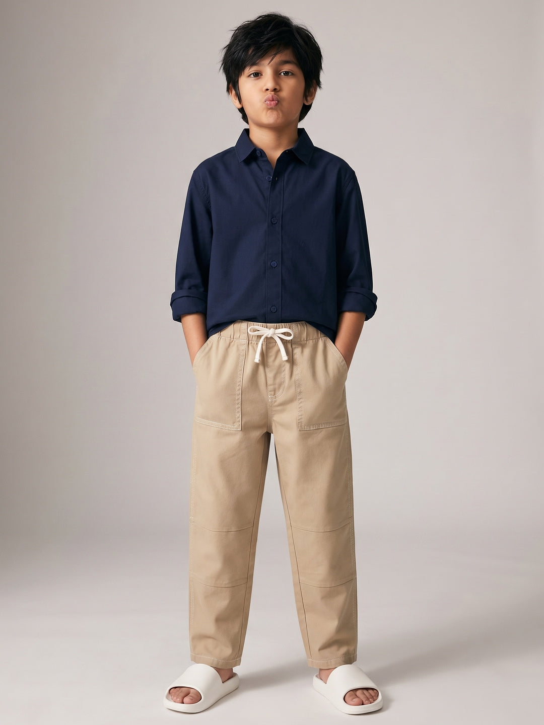 Boys Cotton Navy Blue Shirt With Beige Cotton Solid Relaxed Fit Trouser