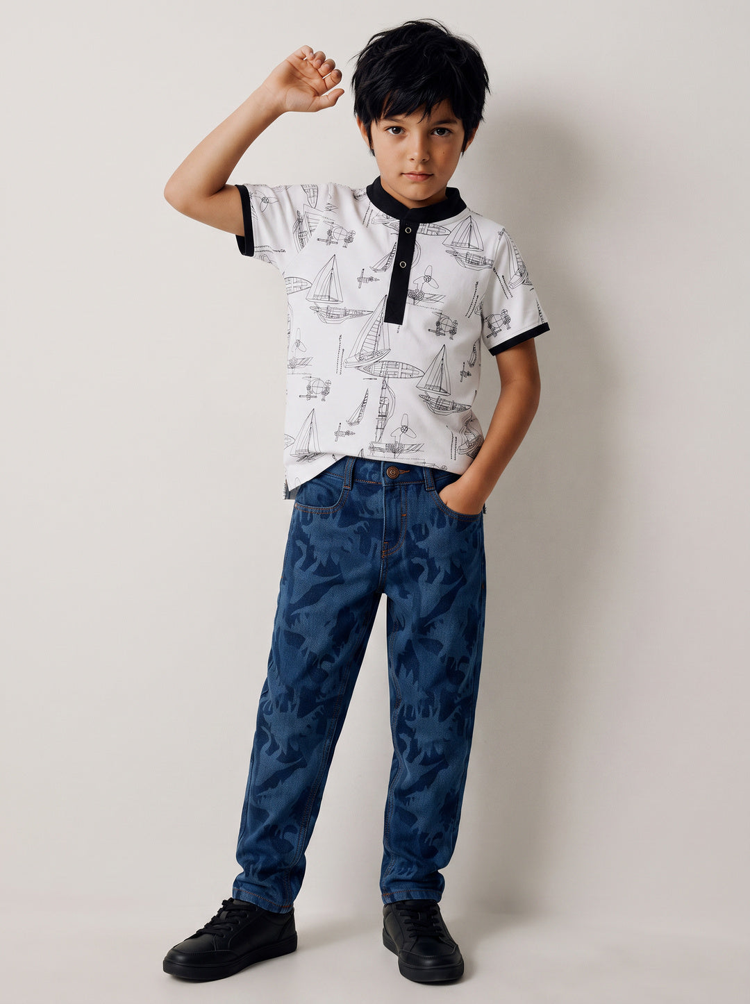 Boys Cotton White T-Shirt With Blue Denim Washed Slim Fit Jeans