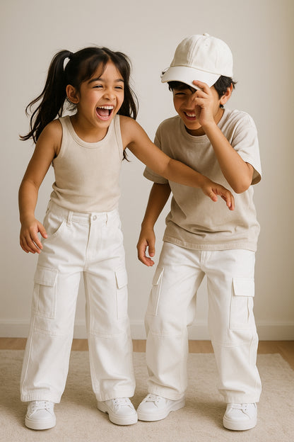 Unisex Solid White Cotton Baggy Cargo Pants