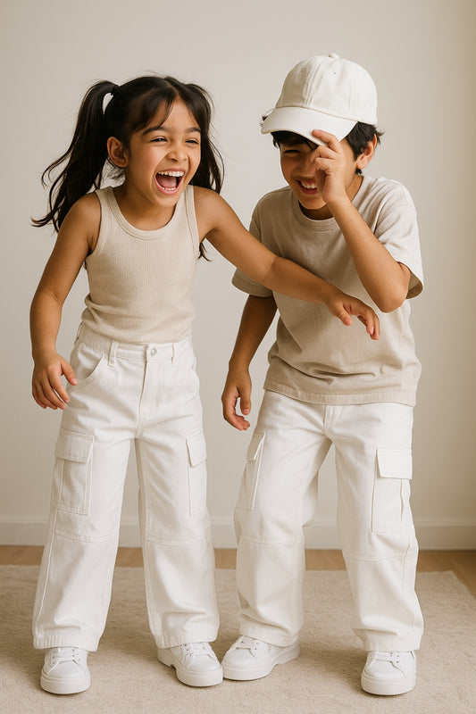 Unisex Solid White Cotton Baggy Cargo Pants