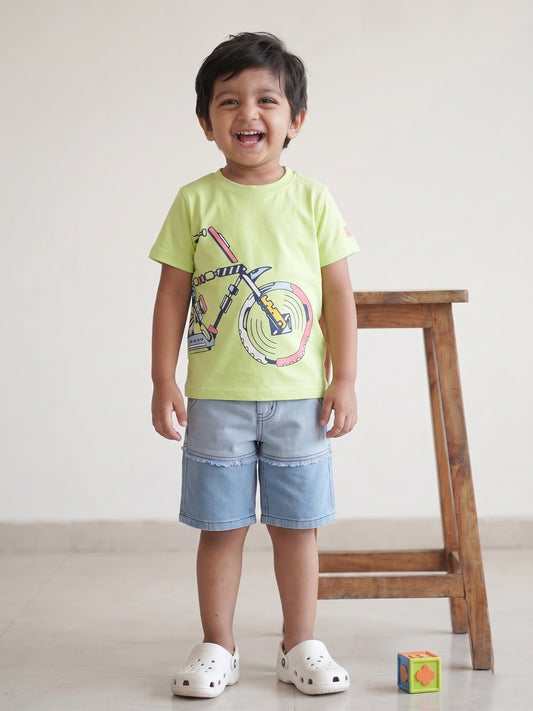 Boys Green T-Shirts and Denim Bermuda Short Clothing Set