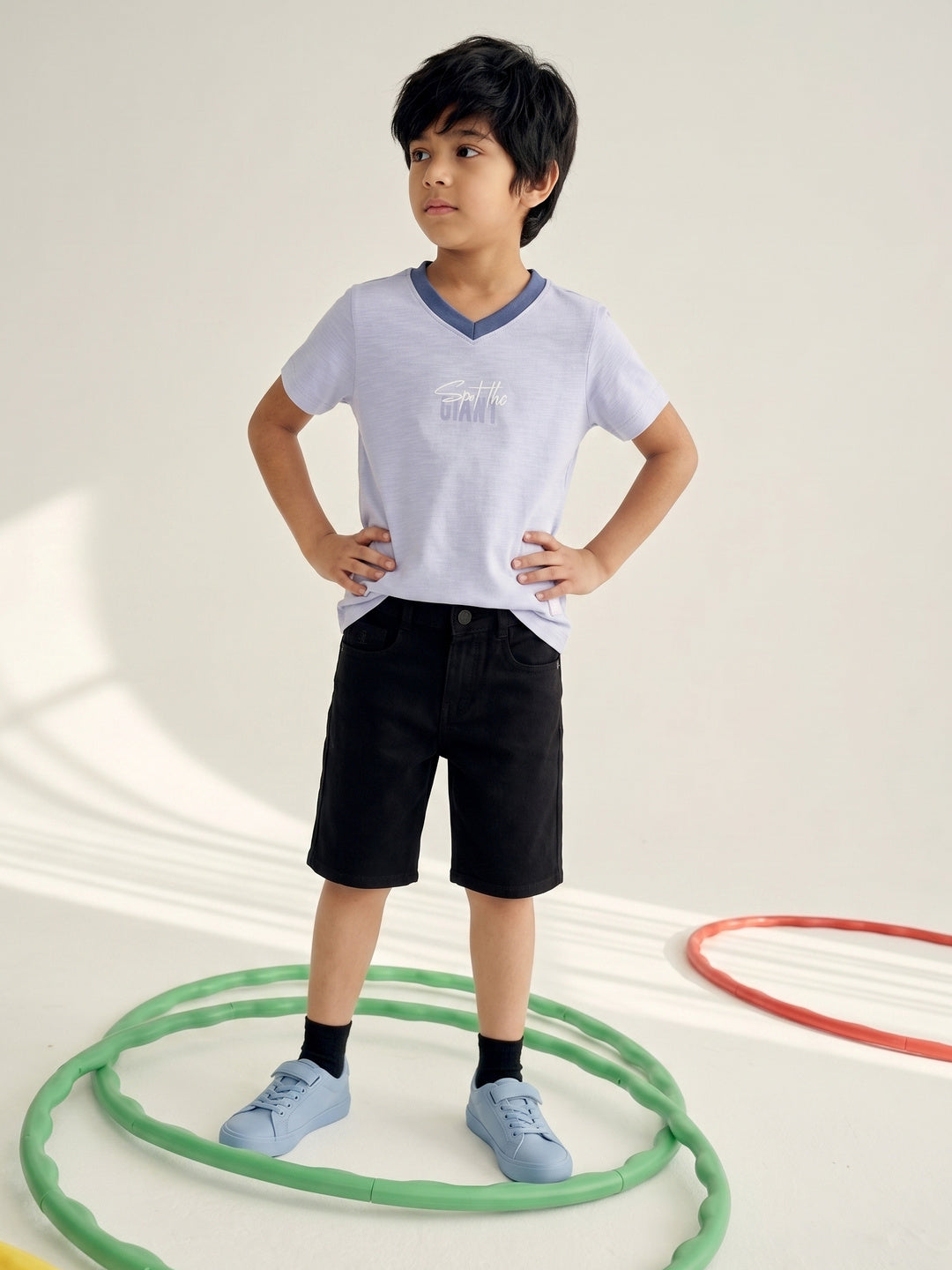 Boys Cotton Sky Blue V Neck T-Shirt With Black Denim Solid Regular Fit Short