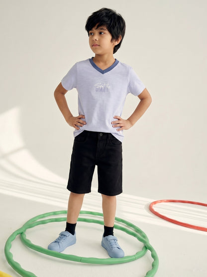Boys Cotton Sky Blue V Neck T-Shirt With Black Denim Solid Regular Fit Short