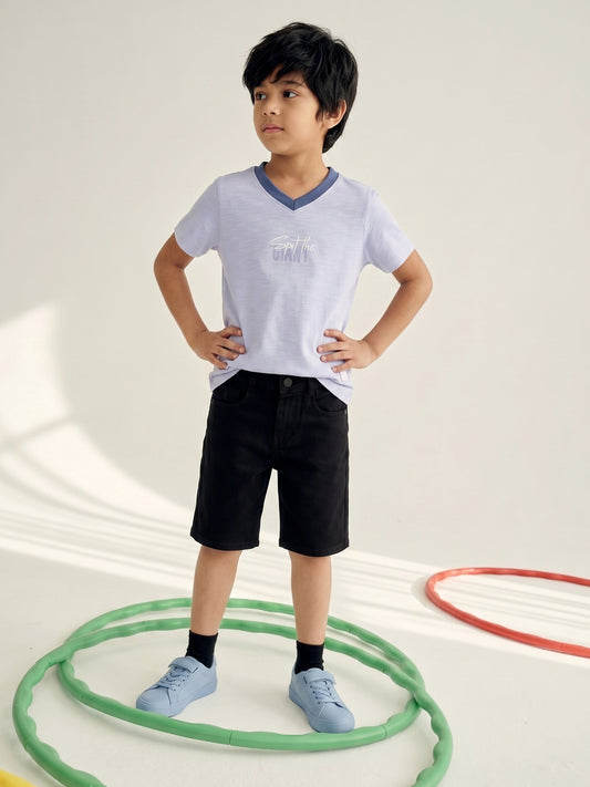 Boys Cotton Sky Blue V Neck T-Shirt With Black Denim Solid Regular Fit Short