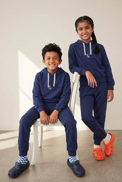 Boys & Girls Cotton Solid Navy Blue Lounge Set