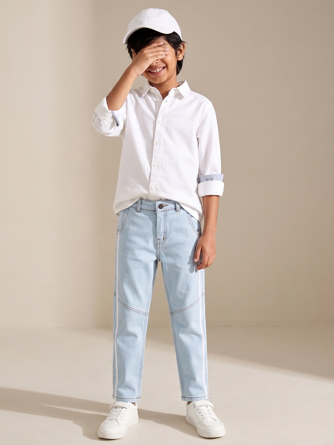 Boys Cotton White Shirt With Light Blue Denim Washed Straight Fit Jeans