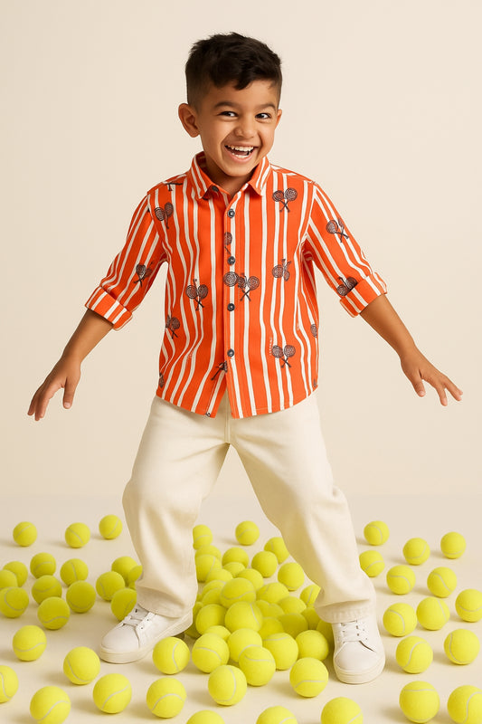 Boys Orange Printed Cotton Shirt