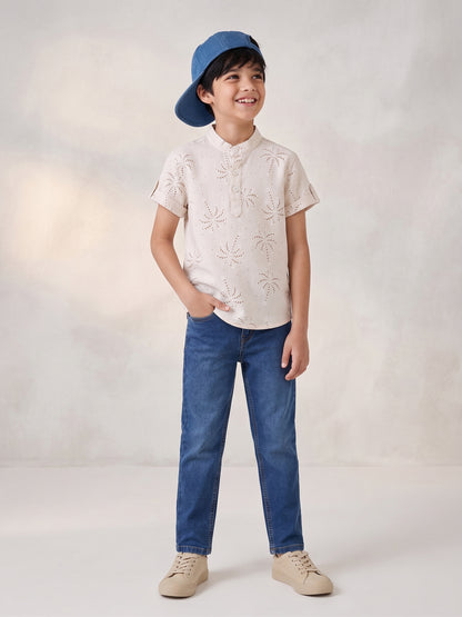 Boys Cotton Cream Shirt With Blue Denim Washed Straight Fit Jeans