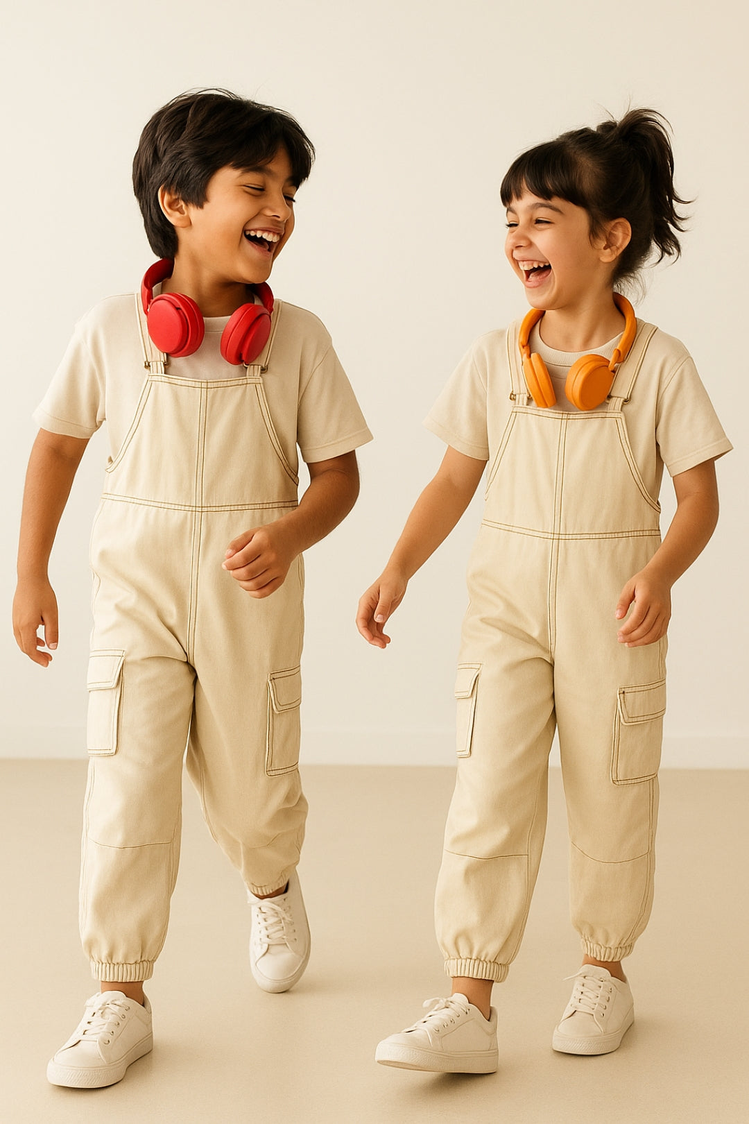Boys & Girls Lycra Cream Overdyed  Dungaree