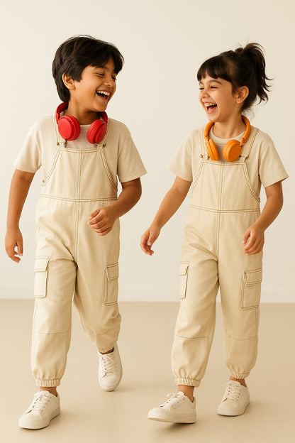 Boys & Girls Lycra Cream Overdyed  Dungaree
