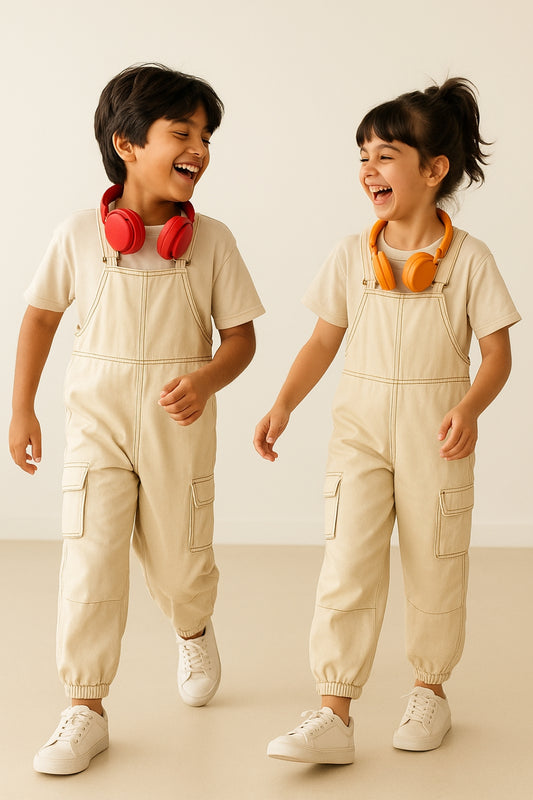 Boys & Girls Lycra Cream Overdyed  Dungaree