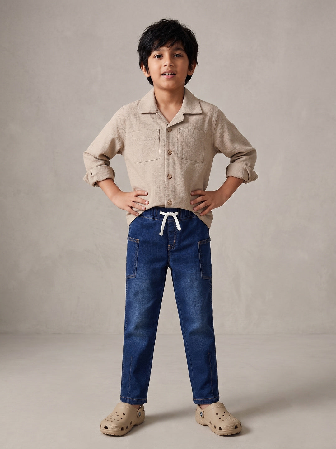 Boys Cotton Beige Shirt With Blue Denim Washed Straight Fit Jeans