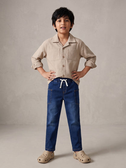 Boys Cotton Beige Shirt With Blue Denim Washed Straight Fit Jeans