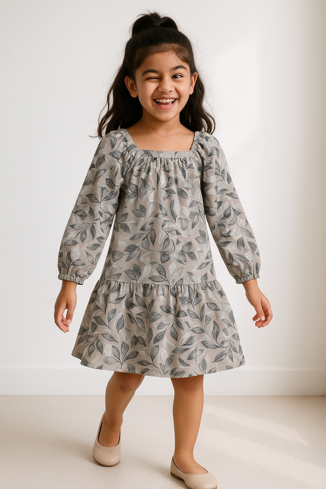 Girls Beige Floral Print Dress