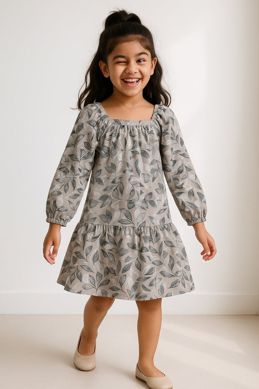 Girls Beige Floral Print Dress