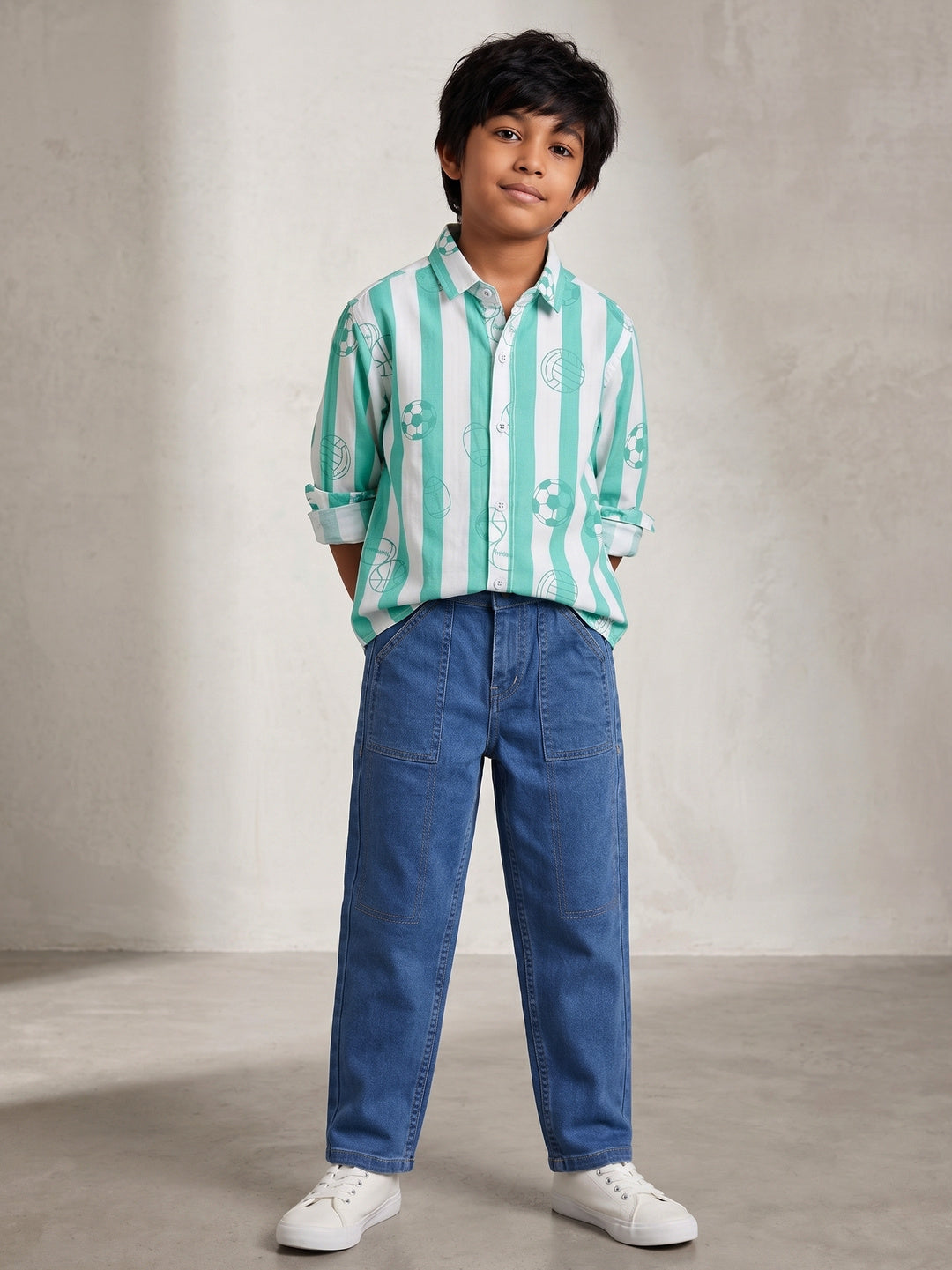 Boys Cotton Blue Stripes Printed Shirt With Blue Denim Washed Regular Fit Jeans