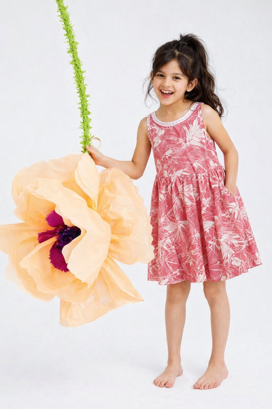 Girls Pink Printed Sleeve Less Cotton Dress
