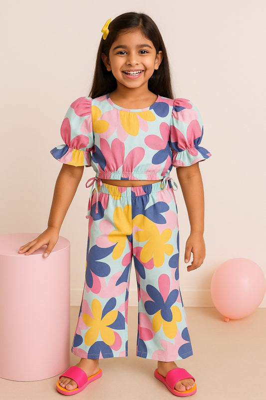 Girls Multi-Color Printed Cotton Top & Pants Co-ord Set