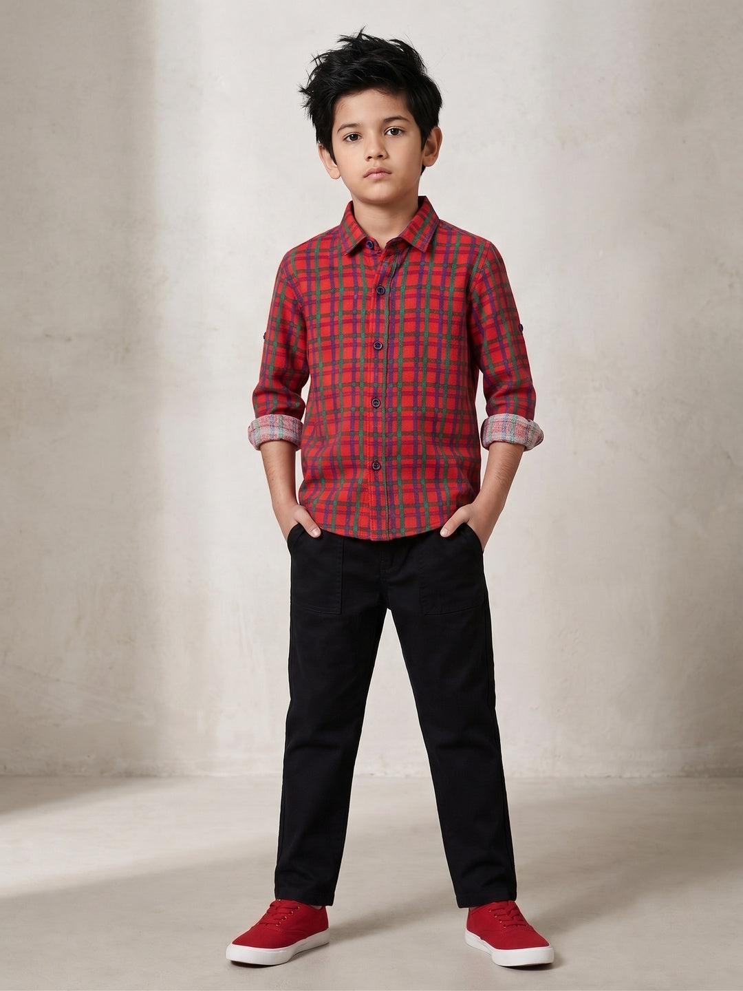 Boys Cotton Red Checks Shirt With Black Cotton Solid Tapered Fit Trouser
