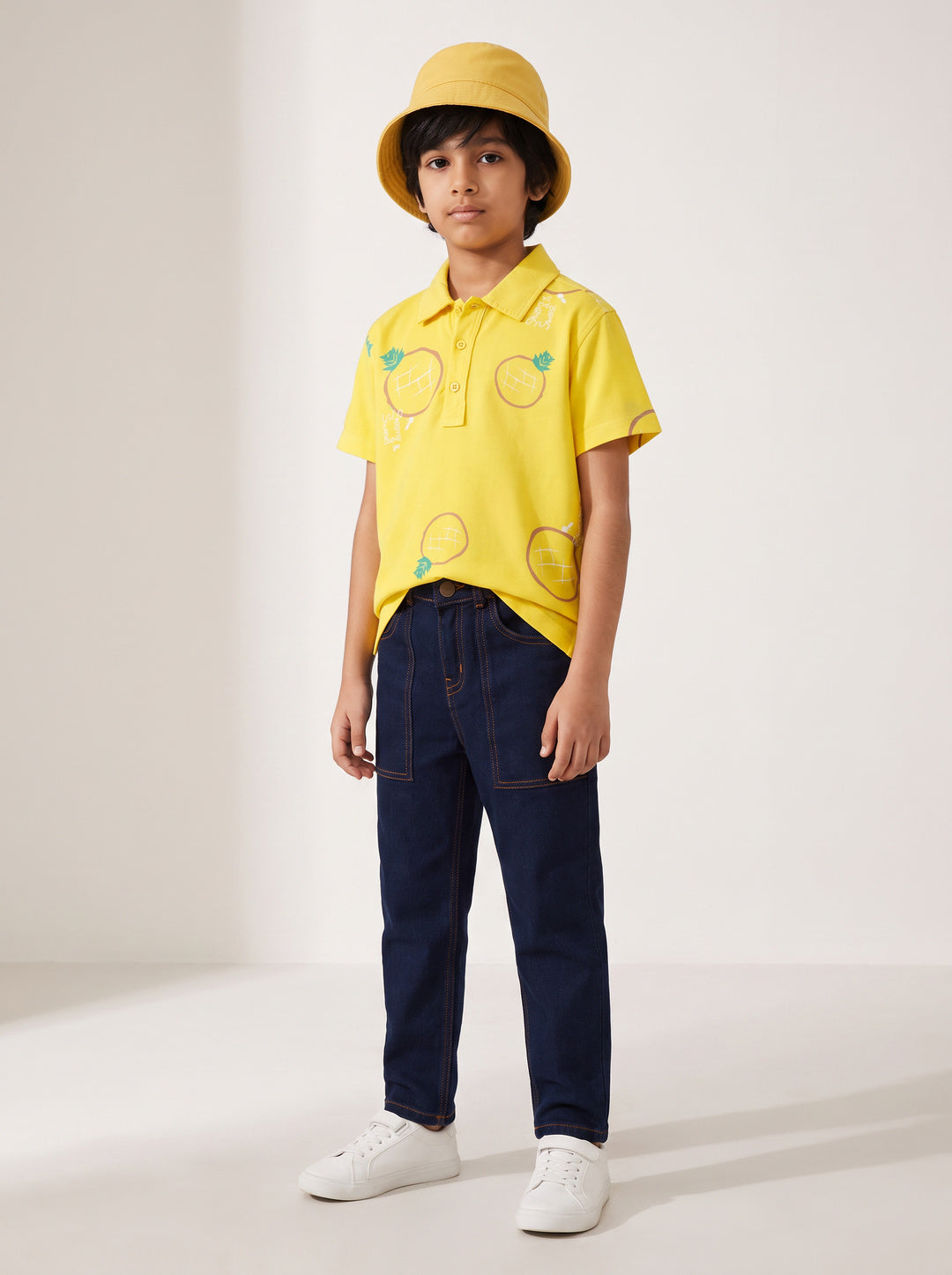 Boys Cotton Yellow Printed Shirt With Blue Denim Washed Slim Fit Jeans