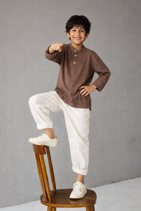 Boys Brown Cotton Solid Full Sleeve Shirt